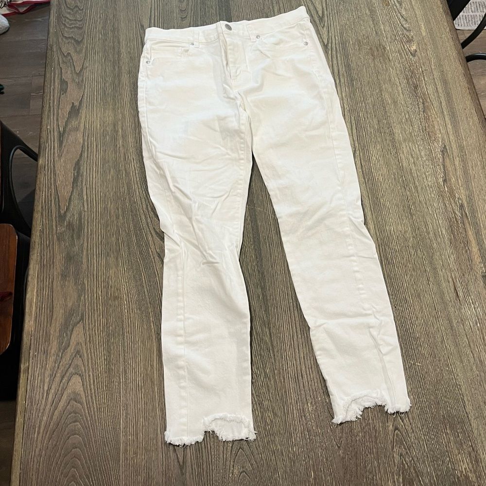 LOFT Womens Straight Jeans Mid Rise Soft Denim Frayed Hem Stretch White Size 10